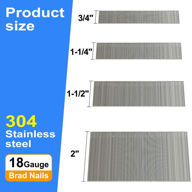 18 Gauge 304 Stainless Steel Brad Nails 18 GA Nail Gun Nails Assorted and Small Finishing Nails for Pneumatic, Electric Brad Nailer (3/4"+1-1/4"+1-1/2"+2") 3/4"+1-1/4"+1-1/2"+2"
