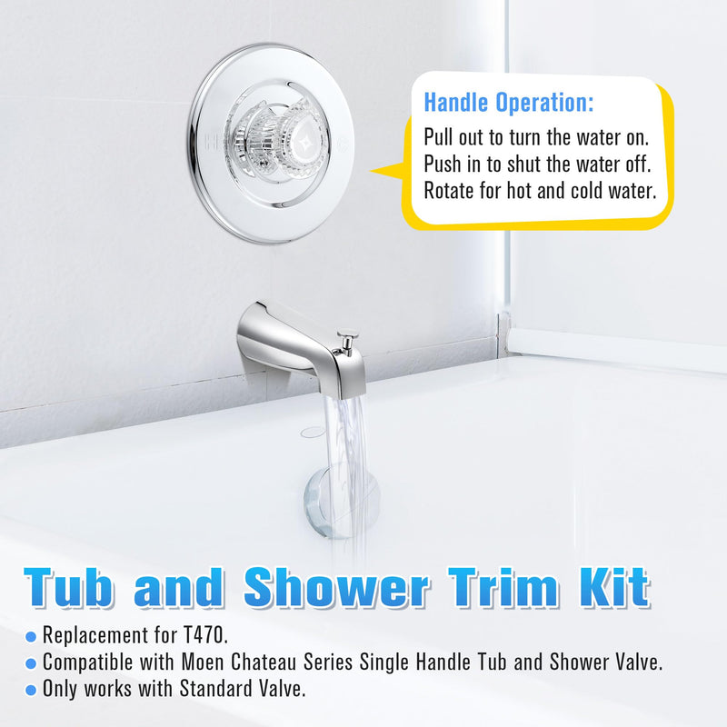 Enhon Tub and Shower Trim Kit, Shower Trim Compatible with Moen Chateau T470 Single Handle Tub/Shower Standard Valve, Escutcheon Screws Tube and Handle(Chrome, Knob) Chrome