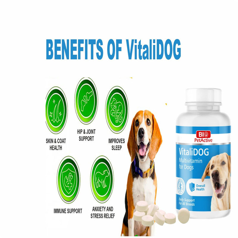 VitaliDOG Multivitamin for Dogs, Skin and Coat Supplement, Dog Prenatal Health Supplies, Vitamin A + E + B9 + B5 + H + Biotin + Amino Acids + Folic Acid for Dogs, 150 Chewable Tablets - PawsPlanet Australia