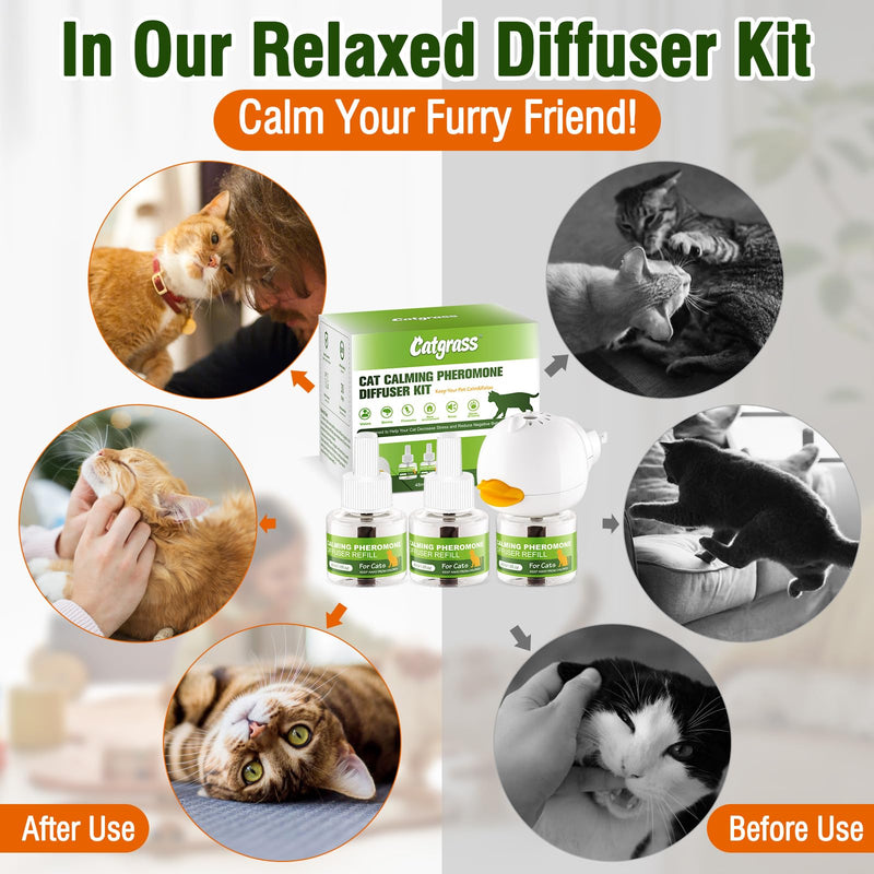 90-Day Cat Calming Diffuser - Cat Pheromone Diffuser for Stress, Pee Spraying, Cat Fighting, Aggression, Excessive Meowing & Scratching，Easy to Use – (1Diffusers + 3 Refills)