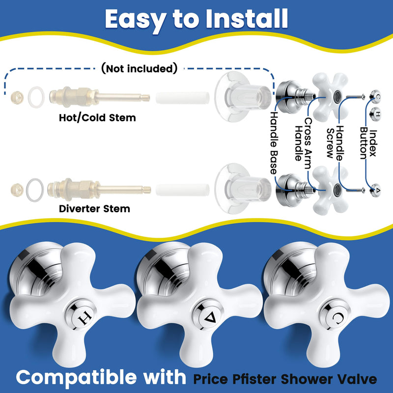 Enhon 3 Pcs Porcelain Handle Set, Compatible with Price Pfister Shower Valve, Hot Cold and Diverter Handle, Chrome Finish White Porcelain (Cross Arm) Cross Arm