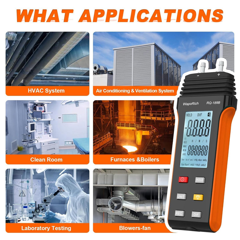 Manometer Air Pressure Meter, WapoRich Dual-Port HVAC Gas Pressure Tester ±30Psi/206.8Kpa ±0.3% with 11 Selectable Units of Differential Pressure Gauge, Backlight and Data Record RQ-189B(Limit maximum pressure:30Psi)