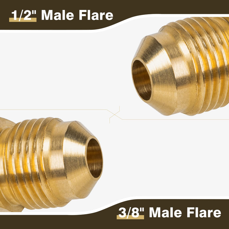 3/8" Flare x 1/2" Flare Brass Tube Fitting for Propane, LP and Natural Gas, Fuel, Plumbing, Union (2-Pack) 3/8"Male x 1/2"Male-2 Pack