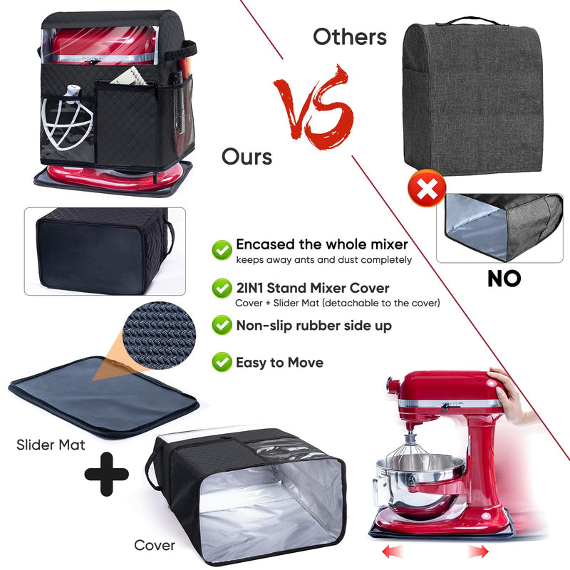 BAGSPRITE Stand Mixer Cover with Detachable Appliance Sliders Base Compatible with KitchenAid Mixer-Storage Bag for 6/7/8 Quart with Pockets for Kitchen Aid Accessories and Attachments Black Fit for 6 - 8 Quart