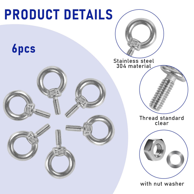 6 Pack Eye Bolts with Nuts M4 Screw Eyebolt Stainless Steel Heavy Duty Eye Bolt M4 Male Screw Thread Ring Shoulder Eyebolts