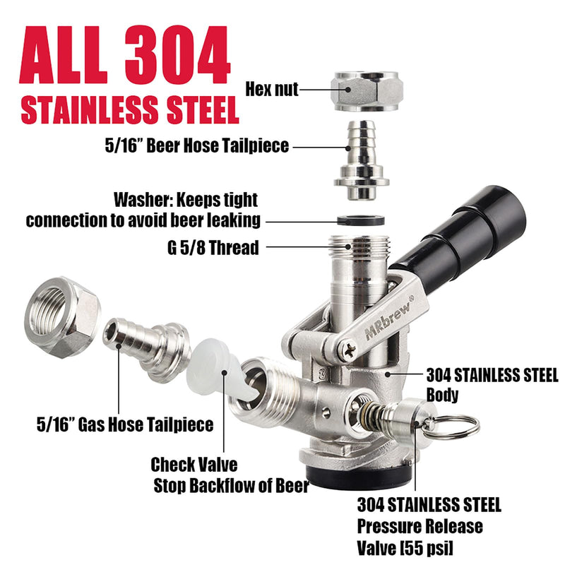 All 304 Stainless Steel Keg Coupler, Commercial Sankey Kegerator D System Keg Tap Dispenser for I.D 5/16'' Draft Beer Line Gas Brewing Tubing with Check Valve Sealing Washer Hose Clamp All 304 Stainless Steel