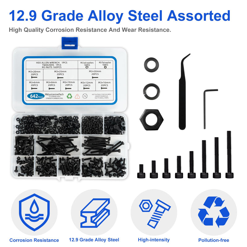 642Pcs M3 Screw Kit 12.9 Grade High Strength Carbon Steel M3 Screw Assortment M3 Bolts and Nuts Assortment Metric Machine Screw Assortment Black 6mm 8mm 10mm 12mm 16mm 20mm 25mm 30mm M3 642Pcs Socket Head （6mm-30mm）