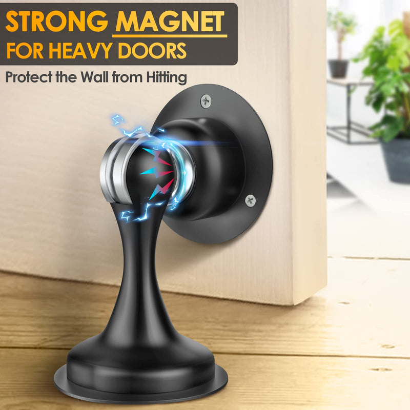 Door Stoppers Magnetic Door Catch - 2 Pack Stainless Steel Heavy Duty Door Holder Stops for Bottom Top of Door - Wall Floor Mounting No Drill 3D Adhesive & Screws Strong Magnet Keep Door Open 2 Pack-Black