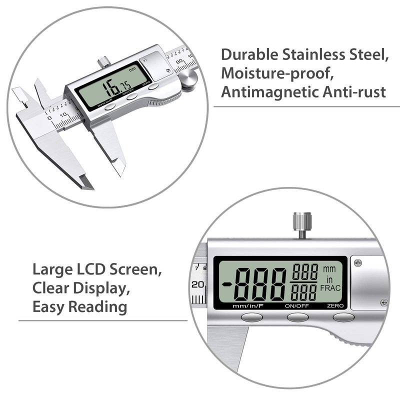 Proster Digital Vernier Caliper 6inch 150mm - Electronic Caliper Fraction/Inch/Metric Dial Caliper for Length Width Depth Inner Outer Diameter, with 32 Feeler Gauges 150 Mm/6 Inch