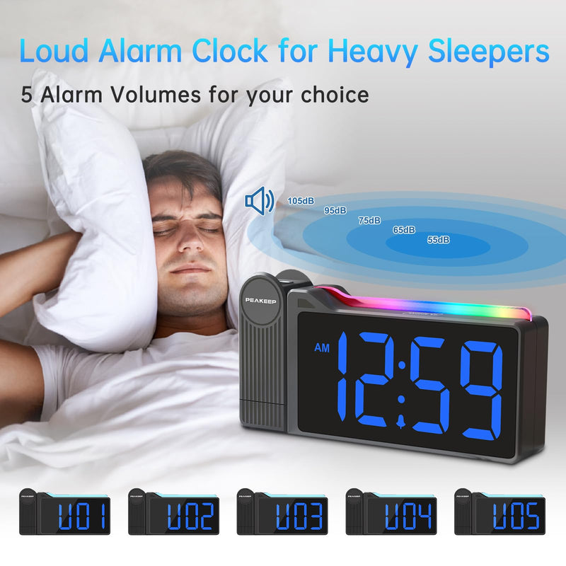 Peakeep Projection Alarm Clock for Bedroom Ceiling 180° Rotatable, Loud for Heavy Sleepers, Colorful Nightlight, 5 Brightness Dimmable Large Number Bedside Electric LED Digital Clock with USB Port Blue Digits; Blue Projection
