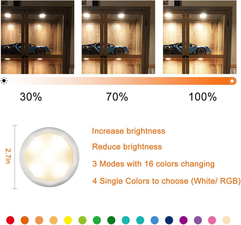 Under-Cabinet-Lights-Rechargeable-Puck-Light: LED Closet Lights with Changeable 16 Colors USB Charging Battery Lights with Timing,Dimmable Under Counter Lights for Kitchen Bedroom Rechargeable 3 pack White