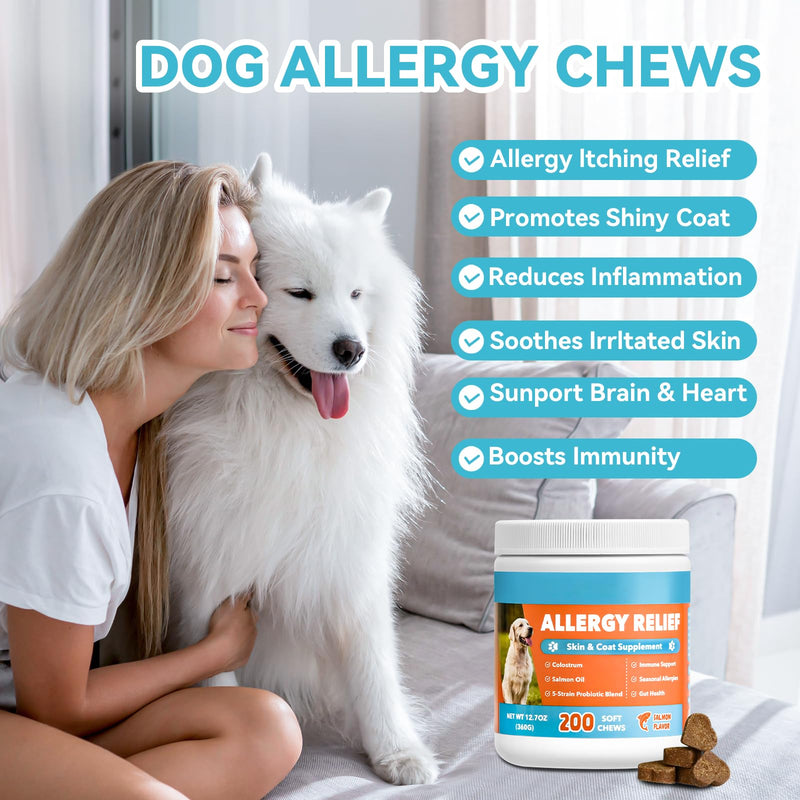 Dog Allergy Chews 200ct, Dogs Allergy Relief Chews for Paw Licking Itchy Skin Coat Supplement, Dog Itching Relief with Probiotics Colostrum for Dry Skin Itching Licking Seasonal Allergies Salmon