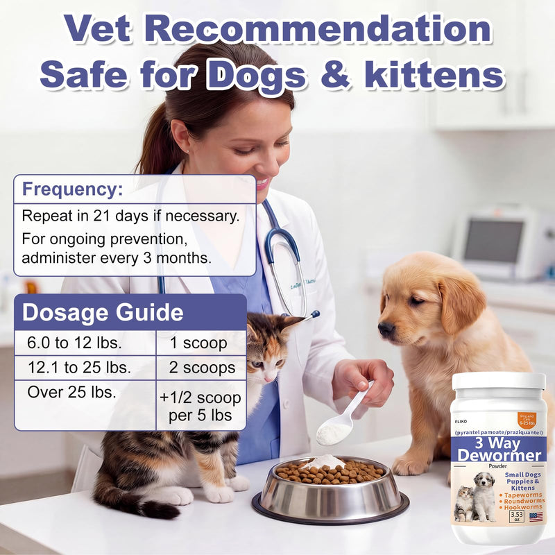 FLIKO 3-Way Dewormer for Small Dogs, Puppies, Cats & Kittens, Puppy Dewormer for Tapeworms, Roundworms & Hookworms, Pyrantel Pamoate & Praziquantel, 100 g (Powder)