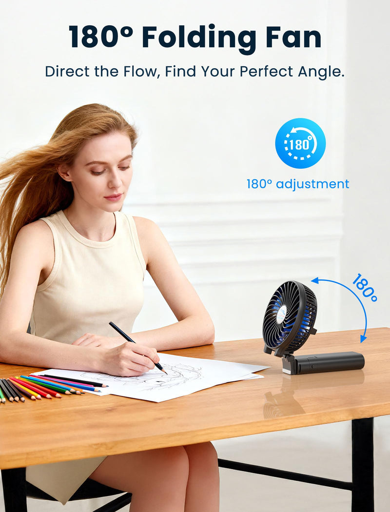 HandFan 5200mAh Handheld Portable Fan, Hand Held Fan, Up to 20H LongRuntime Blue‑Blade Matte Black