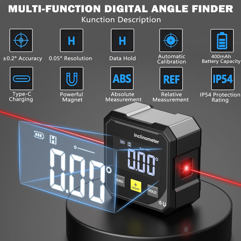 HDLNKAK Digital Angle Finder with Line Lasers, Rechargeable Laser Level, 4-side Strong Magnetic Angle Gauge, Backlit multifunctional Cube Protractor, Suitable for Woodworking,and Hanging Decorations.