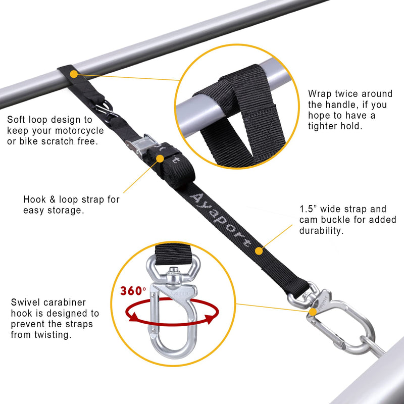 Ayaport Motorcycle Tie Down Straps 1.5” x 8’ (with Swivel Carabiner Hooks) Cam Buckle Tie Downs, Handlebar Strap for Dirt Bike, Motor Bike, Kayak, Car, Truck, Boat, Cargo, Black 1.5"x8'-2pcs