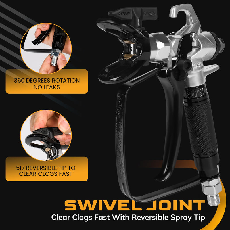 Airless Paint Sprayer Gun Premium Model 821, High Pressure 3600 PSI with 517 Reversible Nozzle Tip, Swivel Joint, Rubber Handle, Ergonomic Trigger, Safety Latch, and Leak Proof Design