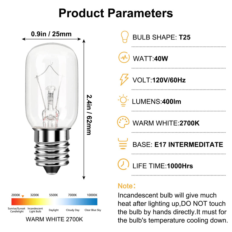 Microwave Light Bulb for Under Range Hood Appliance Refrigerator T8 40 Watt 125V E17 Intermediate Base Warm White Replacement Bulb for 8206232A, 1890433, AP4512653, WB25X10030 Pack of 6