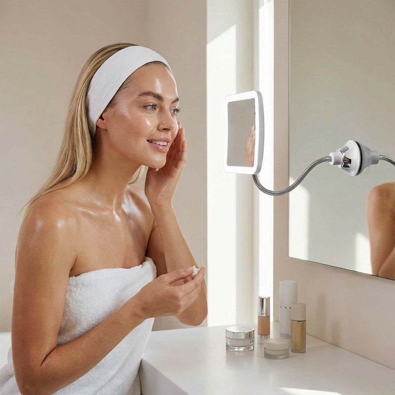 Fancii Flexible Magnifying Mirror 10X with LED Light and Gooseneck, Lighted Travel Makeup Mirror, Lock Suction, Natural Daylight LED, Cordless and Portable (Mira Plus)