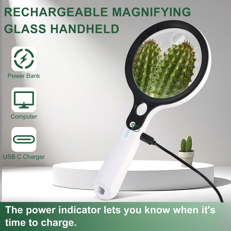 Magnifying Glass with 48 LED Light, 10X 20X 45X Handheld Illuminated Lighted Magnifier with 5 Light Modes Rechargeable Magnifying Glass for Seniors Reading Inspection (Black & White) White Handle