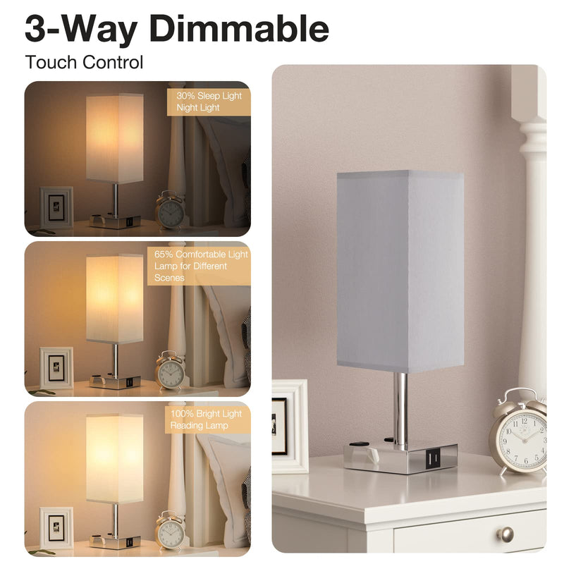 【Upgraded】Bedside Table Lamp Touch Control, with USB C+A Charging Ports & Dual AC Outlets, 3-Way Nightstand Lamp for Bedroom with LampShade Living Room Office(LED Dimmable Bulb Included) Gray & Silver 14.0in