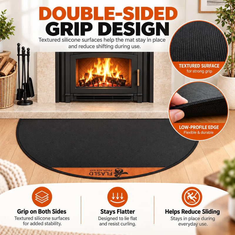 FLASLD Fireproof Fireplace Mat 28×48Inch Half Round Floor Protector 28×48 inch (Semicircular) Black with brown label