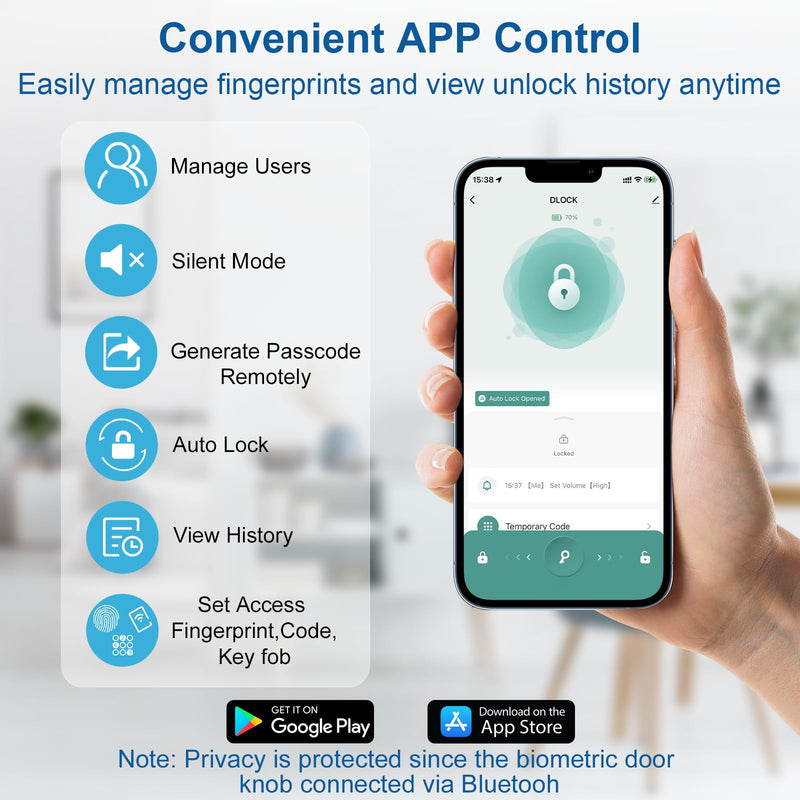 Fingerprint Door Lock Smart Fingerprint Door Knob with Keyless Entry Biometric Door Lock with Keypad App Control Easy Installation for Home Bedroom Office(Silver) Silver
