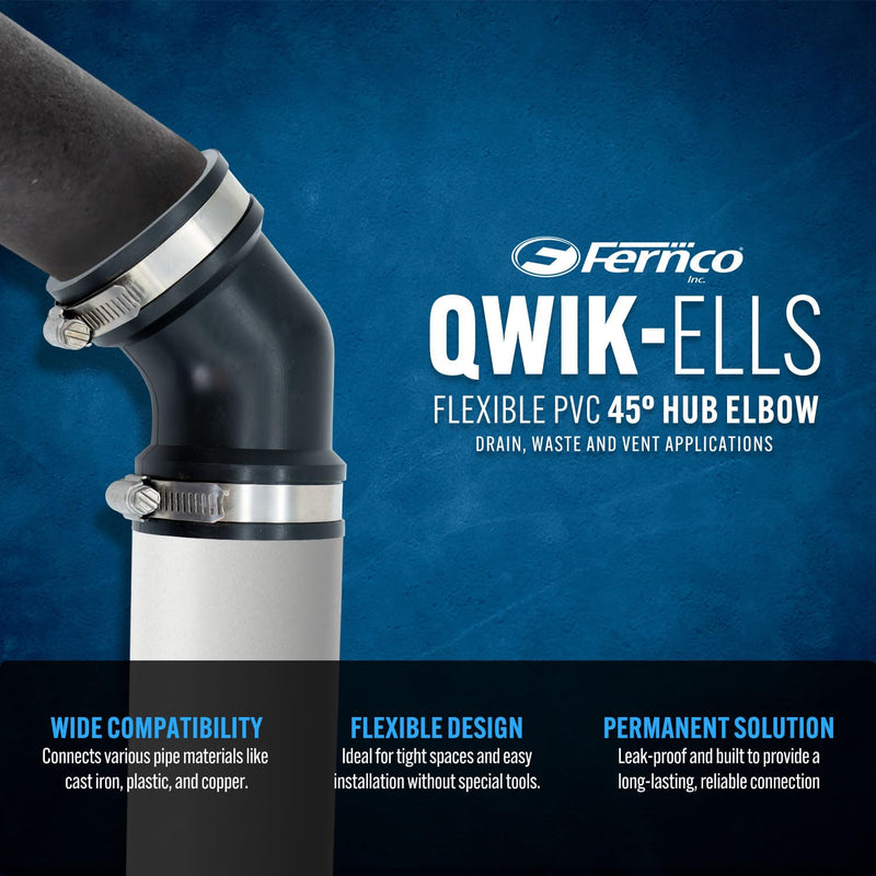 Fernco 2-Pack Qwik Ell 1.5 in. Hub 45-Degree Flexible PVC Elbow Fitting Includes Optional 1.25 in. Reducer Bushing