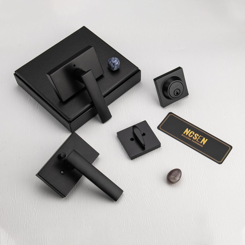 Matt Black Exterior Door Lock Setl, Front Door Handle with Deadbolt Lock, Heavy Duty Entry Door Handlset 1 Rectangle
