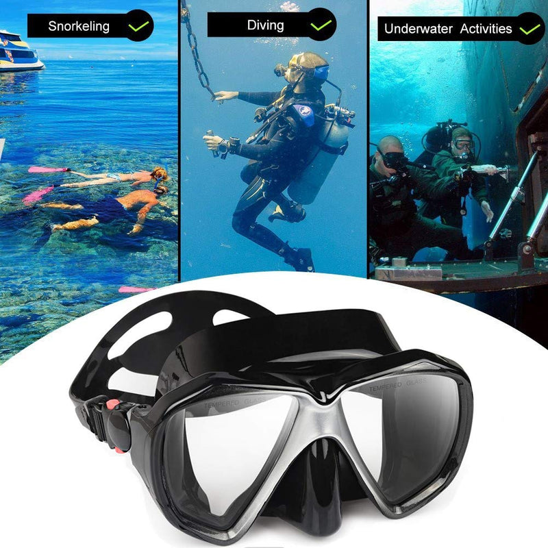 Snorkel Diving Mask Panoramic HD Swim Mask, Anti-Fog Scuba Diving Goggles,Tempered Glass Dive Mask Adult Youth Swim Goggles with Nose Cover for Diving, Snorkeling, Swimming Black 2 Pack