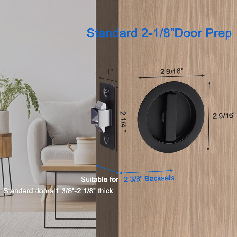 Dontay Pocket Door Passage Lock and Edge Pull, Non-Locking, Flush Mount, Low Profile Hidden Hardware, Flat Knob Handle for 1-3/8" to 2-3/16" Doors (1, Matte Black)
