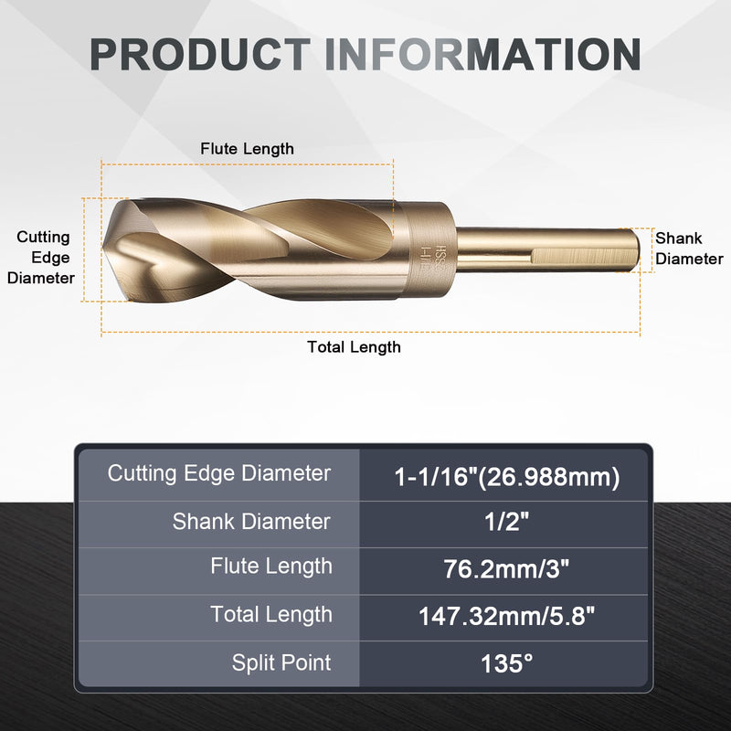 uxcell 1-1/16" Drill Bit 1/2" Reduced Shank 3-Flat M35 5% Cobalt High-Speed Steel Twist Gold Finish 135° Bits for Hard Metal Stainless Steel,1pcs 1-1/16 in