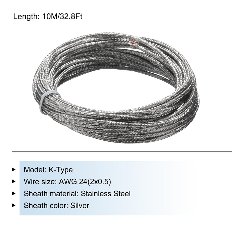 MECCANIXITY AWG 24 K-Type 2x0.5 Thermocouple Wire Braided Stainless Steel Insulation Up to 315°C/599°F 33 Ft for Thermocouple Probe Temperature Sensor