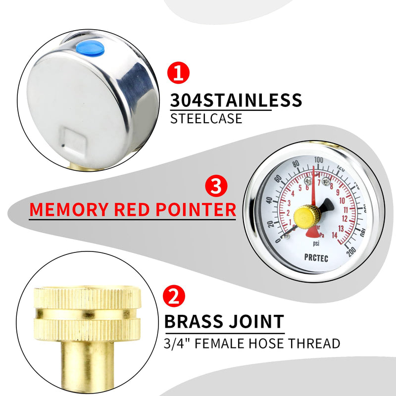 2.5'' Dial Size Water Pressure Gauge,3/4 Inch Female Hose Thread,Waterproof Pressure Gauge, Water Pressure Tester for Home and Garden (Memory Pointer 0-200PSI) Memory Pointer 0-200PSI