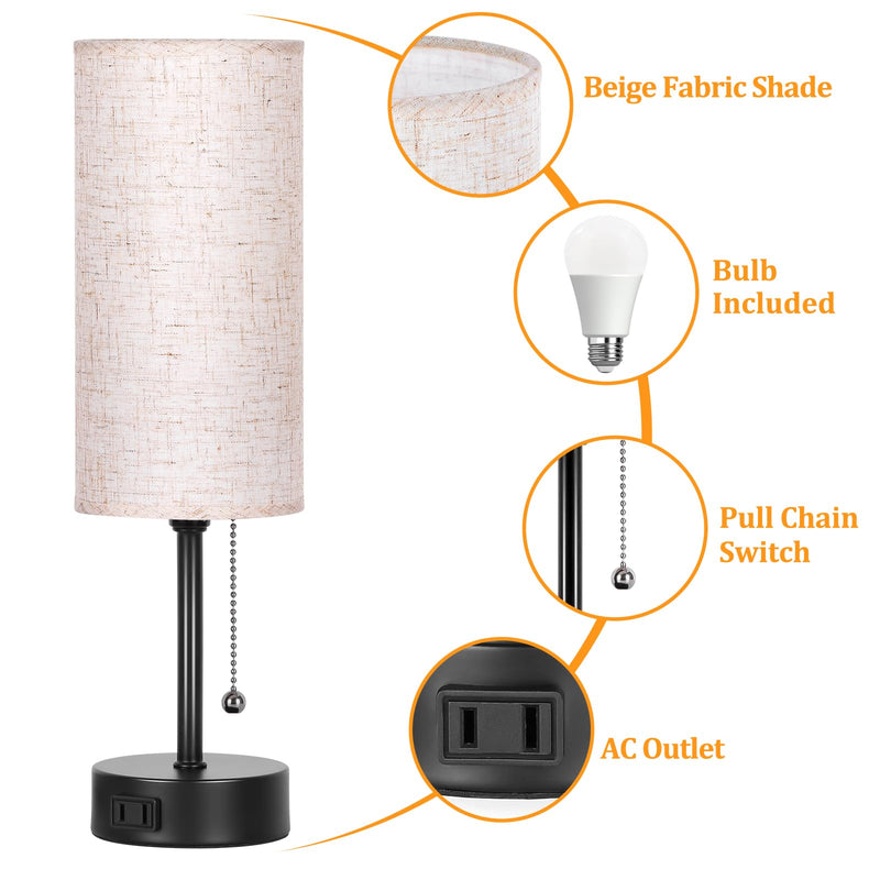 Dott Arts 15" Table Lamp for Bedroom, 3-Color Bedside Lamps with Pull Chain, Bedroom Table Lamps for Nightstand,AC Outlet Small Lamp for Living Room, Bulb Included 15 in Black