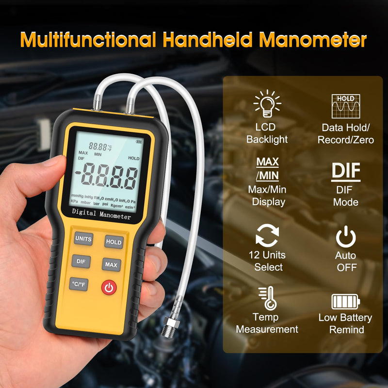 Digital Manometer Gas Pressure Tester with ±0.3% FSO Resolution, Differential Pressure Gauge with 12 Optional Units, Portable Air Pressure Gauge with LCD Backlight. YF-E2-QX1201