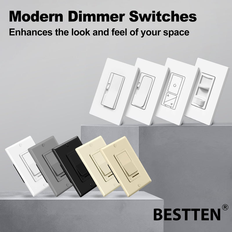 BESTTEN 2 Pack Dimmer Light Switch, Universal Lighting Control, Single Pole or 3 Way, Compatible with LED Dimmable Lamp, CFL, Incandescent, Halogen Bulb, Decorator Wallplate Included, White Standard