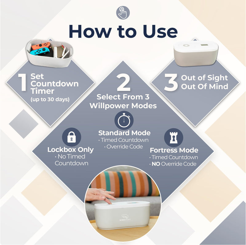 Mindsight Timed Lock Box | Unplug from Phones, Video Games, Social Media, Snacks & Cravings | 3 Modes based on Willpower | Easy to Use | Out of Sight ~ Out of Mind | Boost Your Mental Wellness Standard Glacier Gray