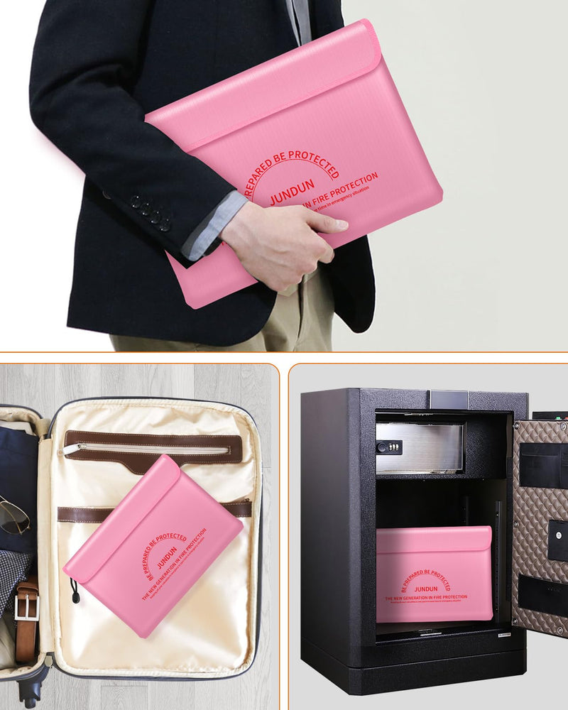 JUNDUN Fireproof Document Bag with 5200℉ Heat Insulated,14.0”x10.4” Waterproof and Fireproof Money Bag,8 Layers Thickened Fire Safe Storage Bag Pouch with Zipper for Document,Money and Cash,Pink Pink Large