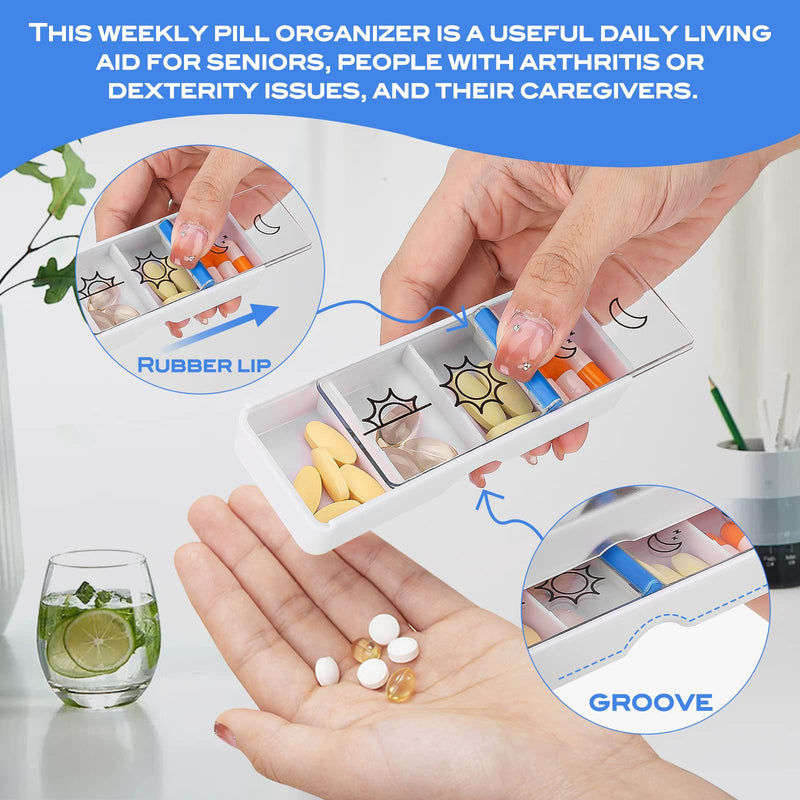 Weekly Pill Organizer 7 Day AM/PM – 4 Compartments per Day, Arthritis Friendly Pill Case with Better Grip Design, Medicine Planner for Vitamins, Supplements, and Medications – Easy to Use Pillbox White