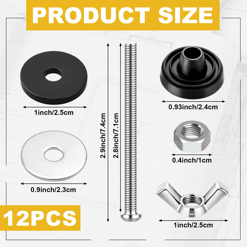 Hicarer 12 Pcs Universal Toilet Tank to Bowl Bolts Kit Bulk Heavy Duty Toilet Seat Screws Replacement Kit Waterproof Stainless Steel Rubber Washer Gaskets Extra Long Nut for Mounting Repair Fastening