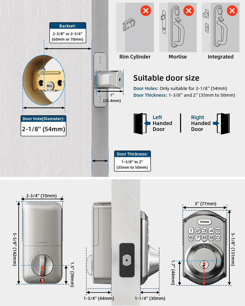 TEEHO TE001 Keyless Entry Door Lock with Keypad - Smart Deadbolt Lock for Front Door with 2 Keys - Auto Lock - Easy Installation - Satin Nickel Traditional