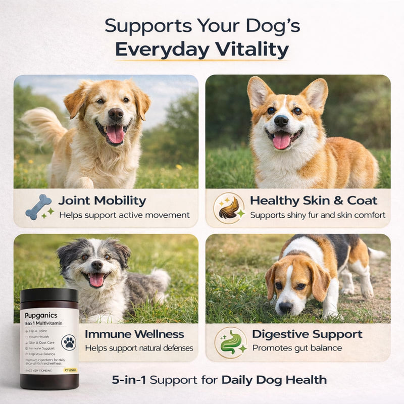 Pupganics Multivitamin Soft Chews for Dog, Dog Vitamins and Supplements for Immune System, Joint Support, Skin, Gut Health, with Probiotics, Glucosamine, Vitamin A/D3/E, Chicken Flavor, 60 Count (1) 1