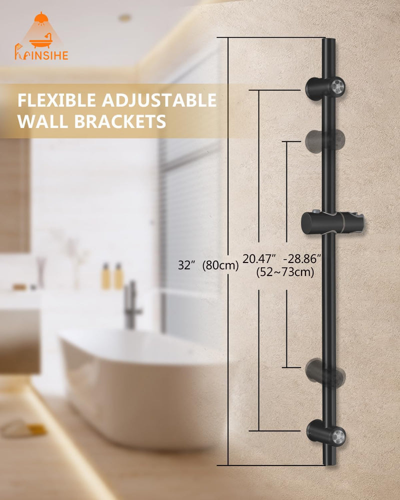 Shower Slide Bar Stainless Steel 32-Inch, Slide Bar Installation Distance 20-28 Inch with Plastic Adjustable Handheld Shower Head Holder for Bathroom Screw Wall Mount Matte Black