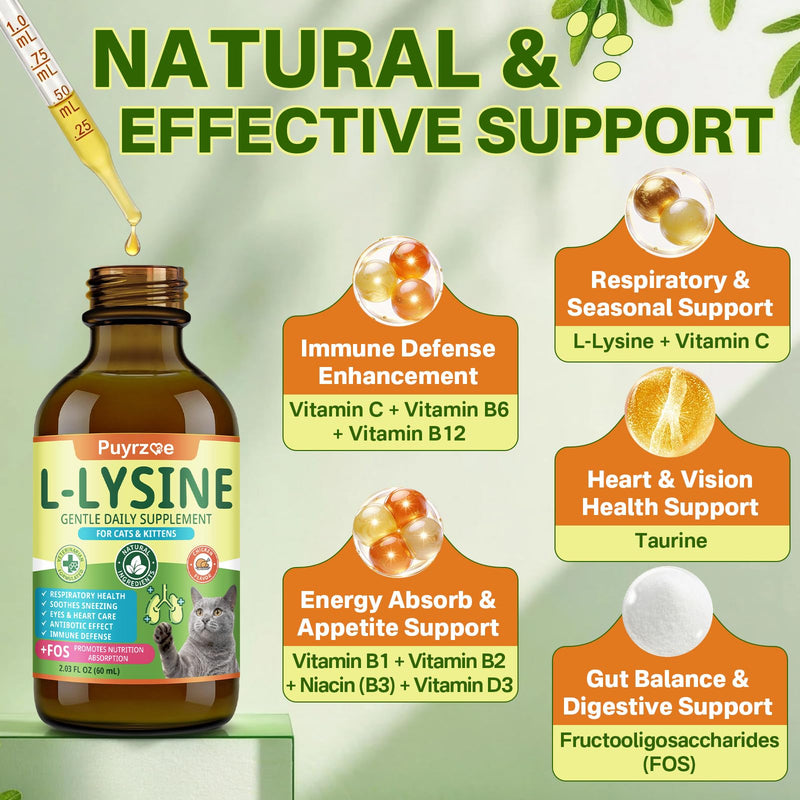 Puyrzoe Lysine for Cats Drops + Cat Probiotics Chews – Respiratory & Immune Support + Gut & Digestive Balance – Liquid Lysine 60ml + 500 Chews Crunchy Cheese Core with 3 Probiotics & FOS for Cats