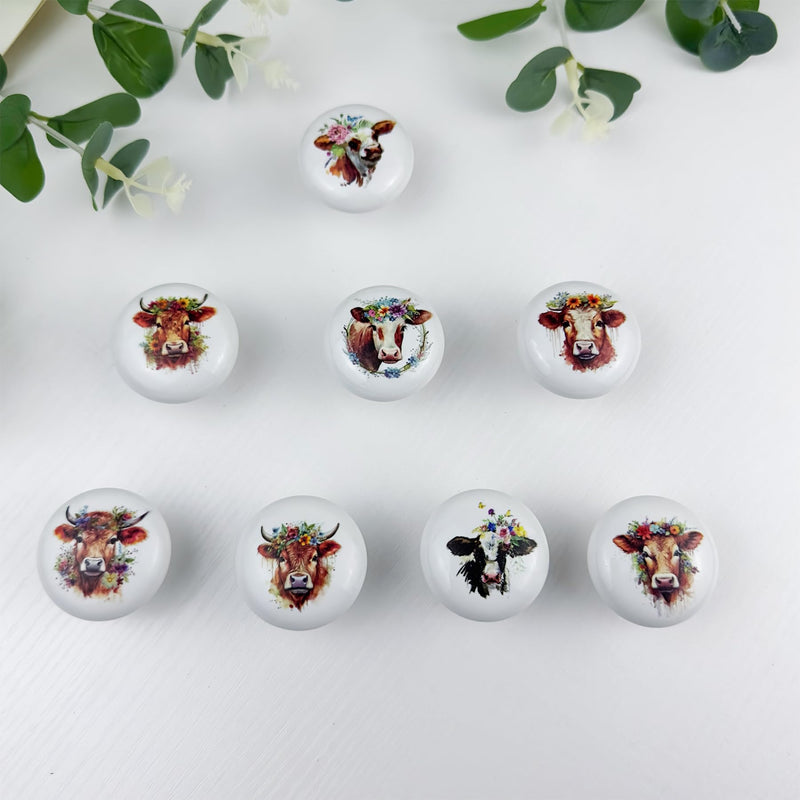JamJam Set of 8 1.5" Ceramics Cow and Flower Knob Unique Farmhouse Rustic Cabinet Kitchen Dresser Drawer Knobs or Pulls