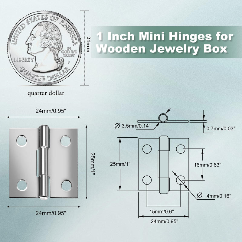 14 Sets Small Hinges with Screws, Stainless Steel Jewelry Box Hinges Silver, 1 in Mini Hinges for Wooden Box, Folding Butt Hinges, Miniature Hinges, Jewelry Box Hardware Hinges for DIY Jewelry Box