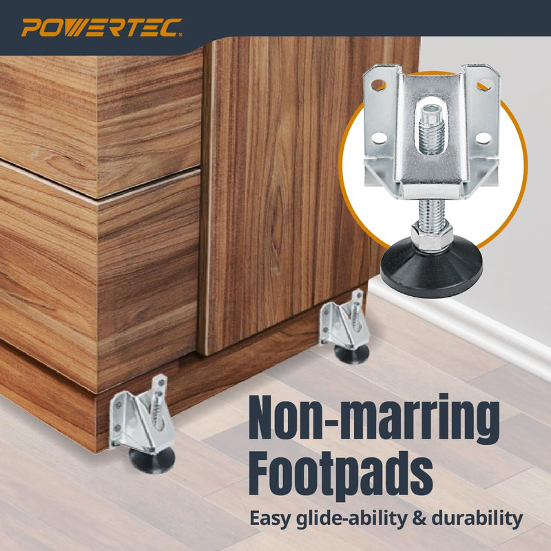 POWERTEC Furniture Leg Levelers 4PK, Adjustable Heavy Duty Leveling Feet with Screws, Lock Nuts and Non-Marring Pads, for Cabinets/Tables/Work Bench/Shelves (71136V) Leg Levelers, Set of 4