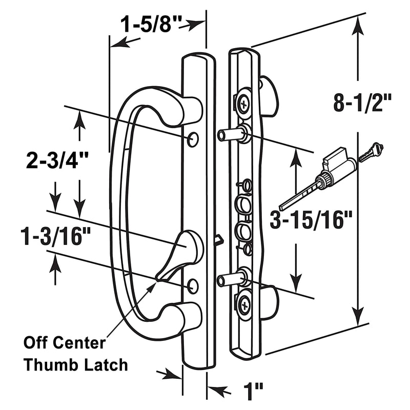 Offset Position Keyed Sliding Patio Door Handleset with Mortise Lock, 45° Keyway, 3-15/16" H.C., Fits 1-3/8" to 2" Thick Doors, Non-Handed, White Diecast 3-15/16" Offset