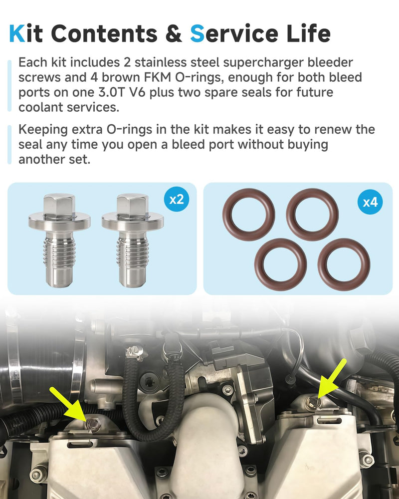 2Pack Stainless Steel Supercharger Bleeder Screw Kit,Compatible with Audi A6 A7 A8 Q5 Q7 S4 S5 SQ5 and Compatible with Volkswagen Touareg 3.0 V6,Replaces 06E 127 535B,Includes 4 FKM O-Rings